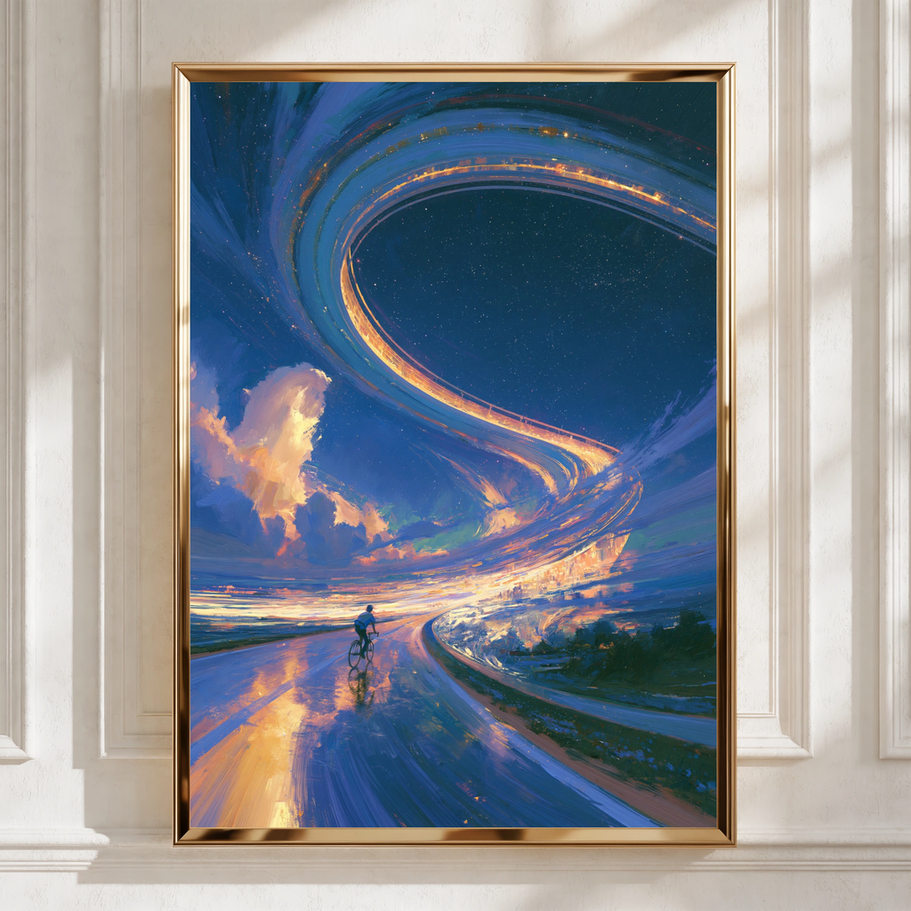 Cyclist Bicycle Path Sky Portal Poster, Surreal Fantasy Art Print, Blue Gold