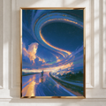 Cyclist Bicycle Path Sky Portal Poster, Surreal Fantasy Art Print, Blue Gold