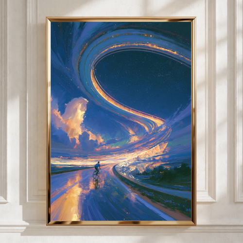 Cyclist Bicycle Path Sky Portal Poster, Surreal Fantasy Art Print, Blue Gold