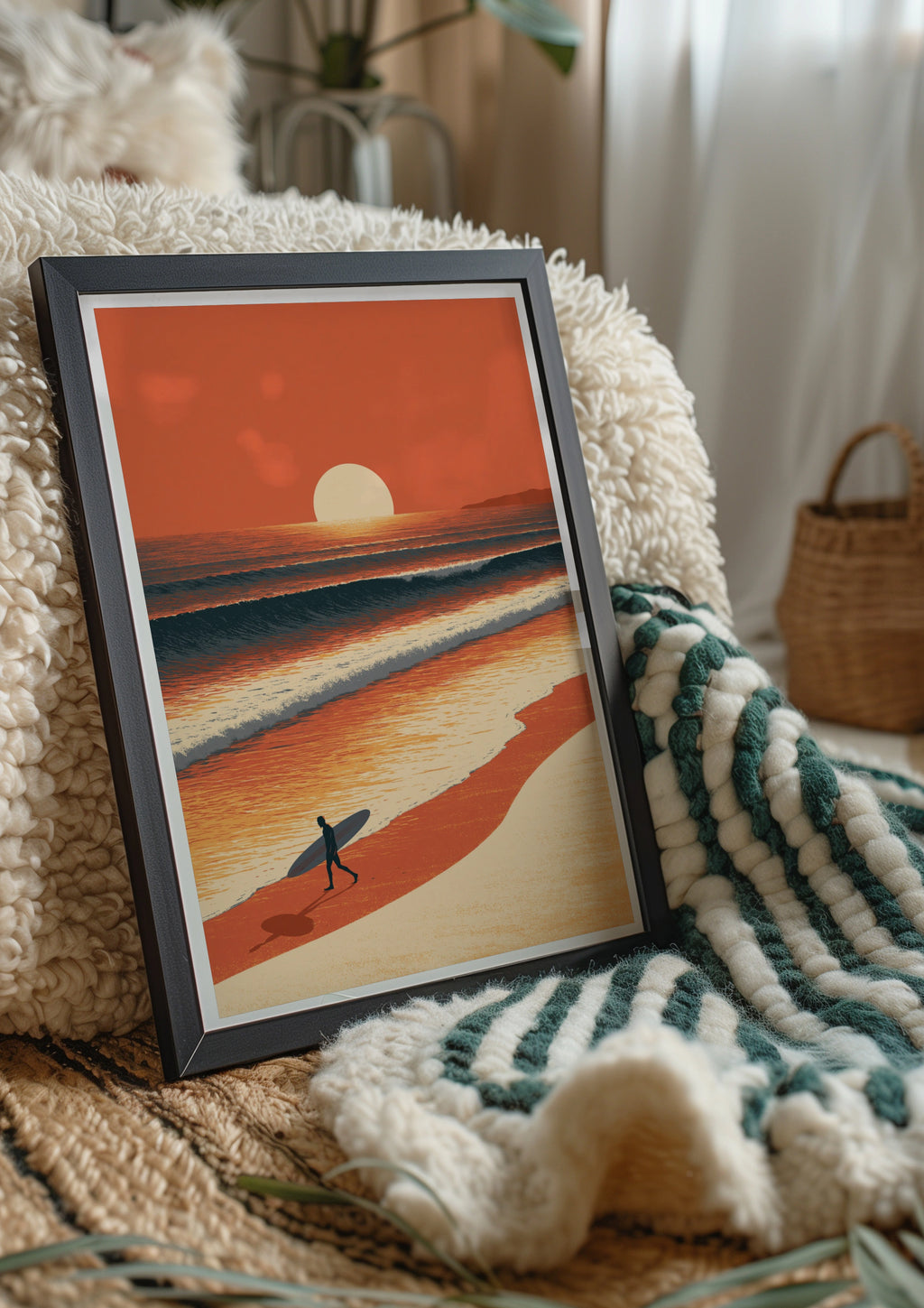 Surfer Sunset Beach Poster, Ocean Waves Wall Art, Retro Surf Print