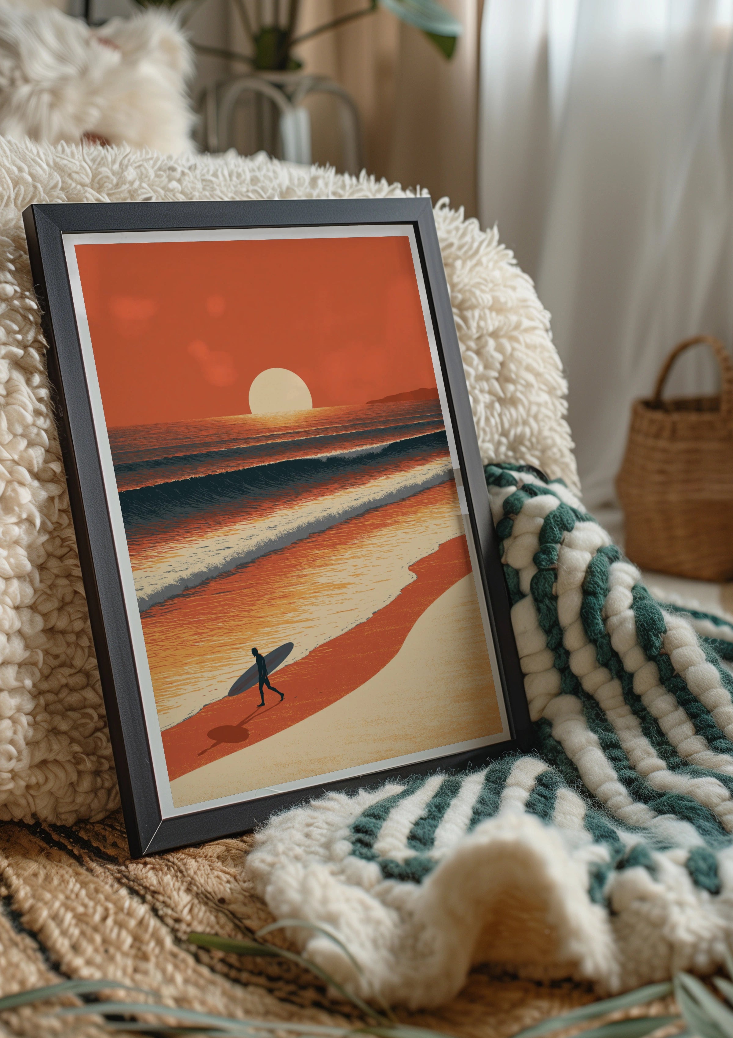 Surfer Sunset Beach Poster, Ocean Waves Wall Art, Retro Surf Print