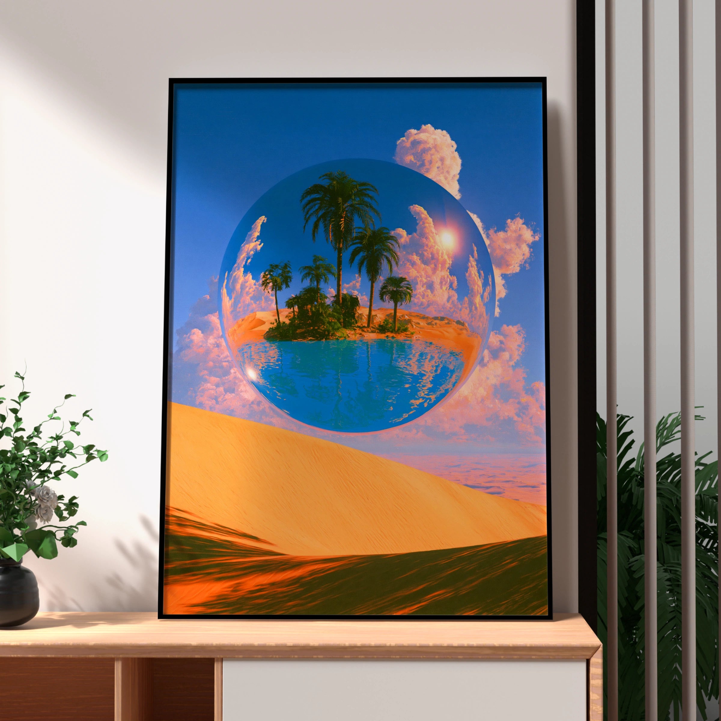 Desert Oasis Sphere Poster, Surreal Palm Tree Sand Dune Wall Art Print