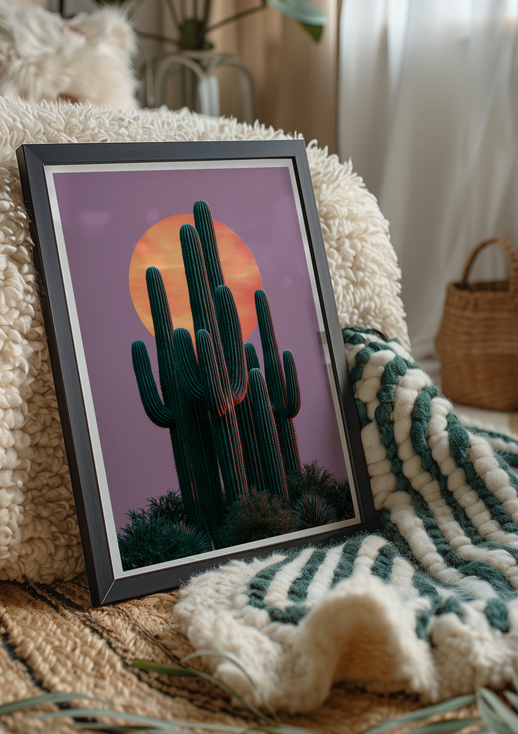 Cactus Moon Pink Sky Wall Art Poster, Desert Saguaro Print, Botanical