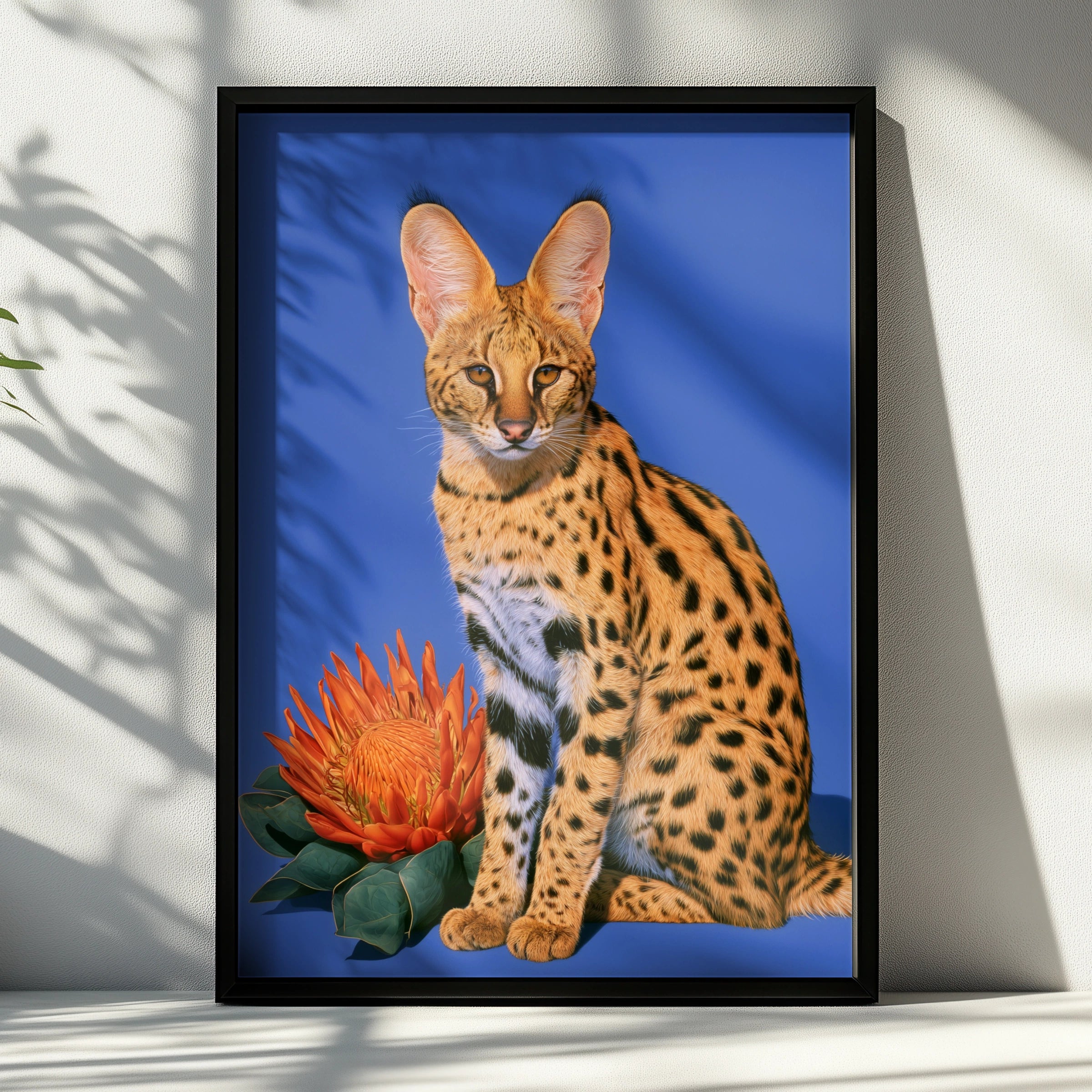 Serval Cat Protea Flower Poster, Bold Blue Wildlife Wall Art Print