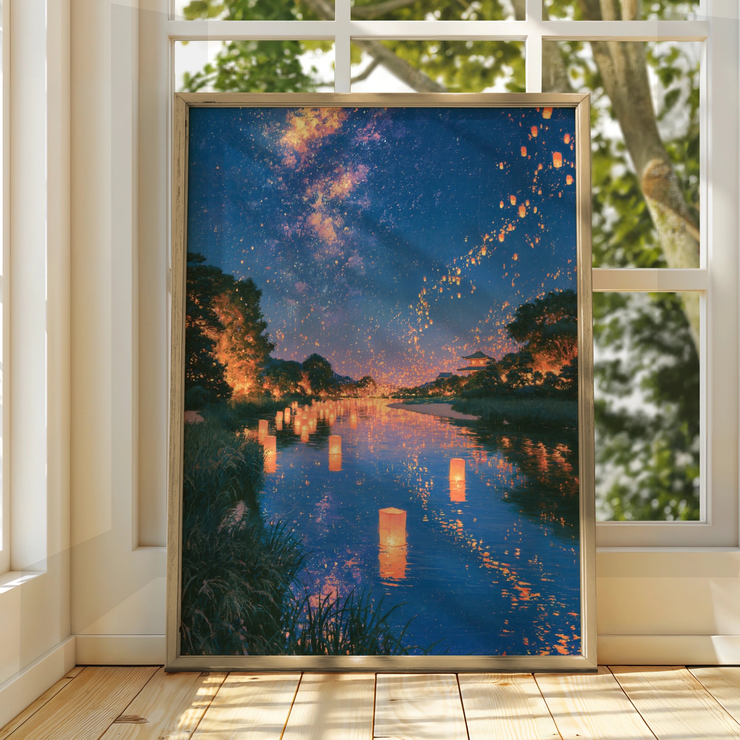 Lantern Festival Water Reflection Poster, Sky Lanterns Night Scene, Asian Art Print