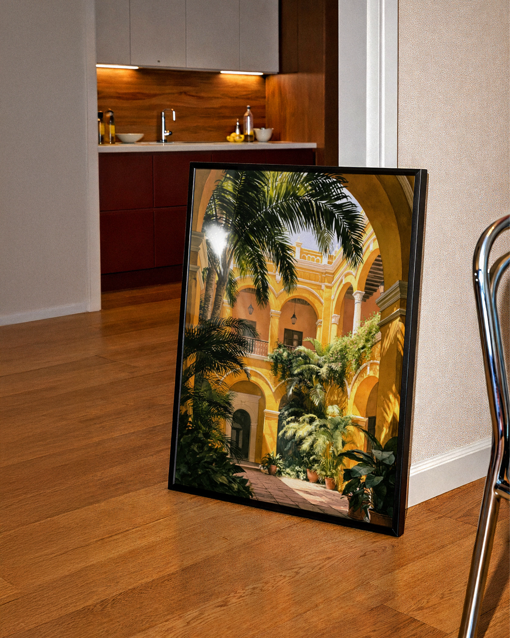 Spanish Courtyard Poster, Yellow Ethnic Architecture Print, Tropical Arches Wall Art