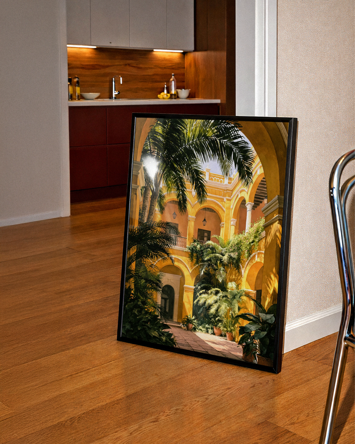Spanish Courtyard Poster, Yellow Ethnic Architecture Print, Tropical Arches Wall Art