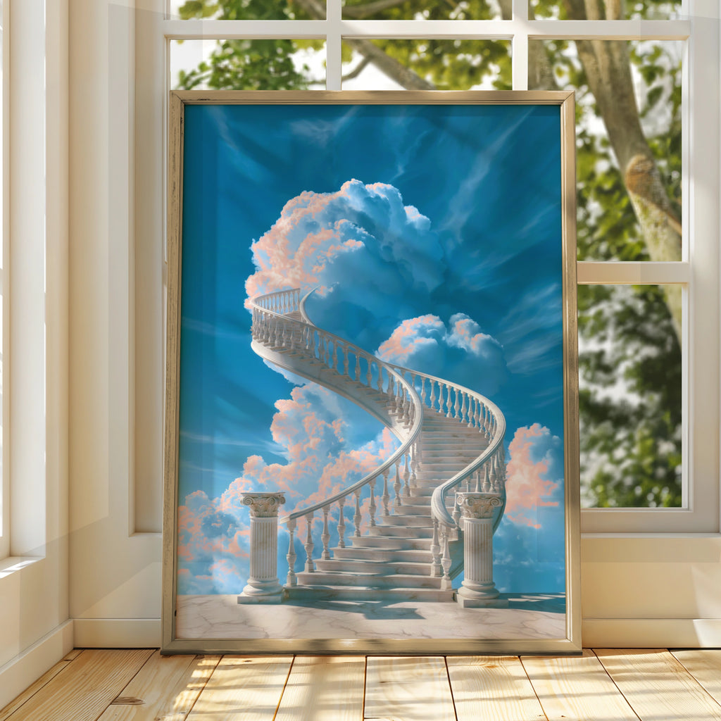 Stairway to Heaven Poster, Marble Spiral Staircase, Classical Columns, Sky Art Print