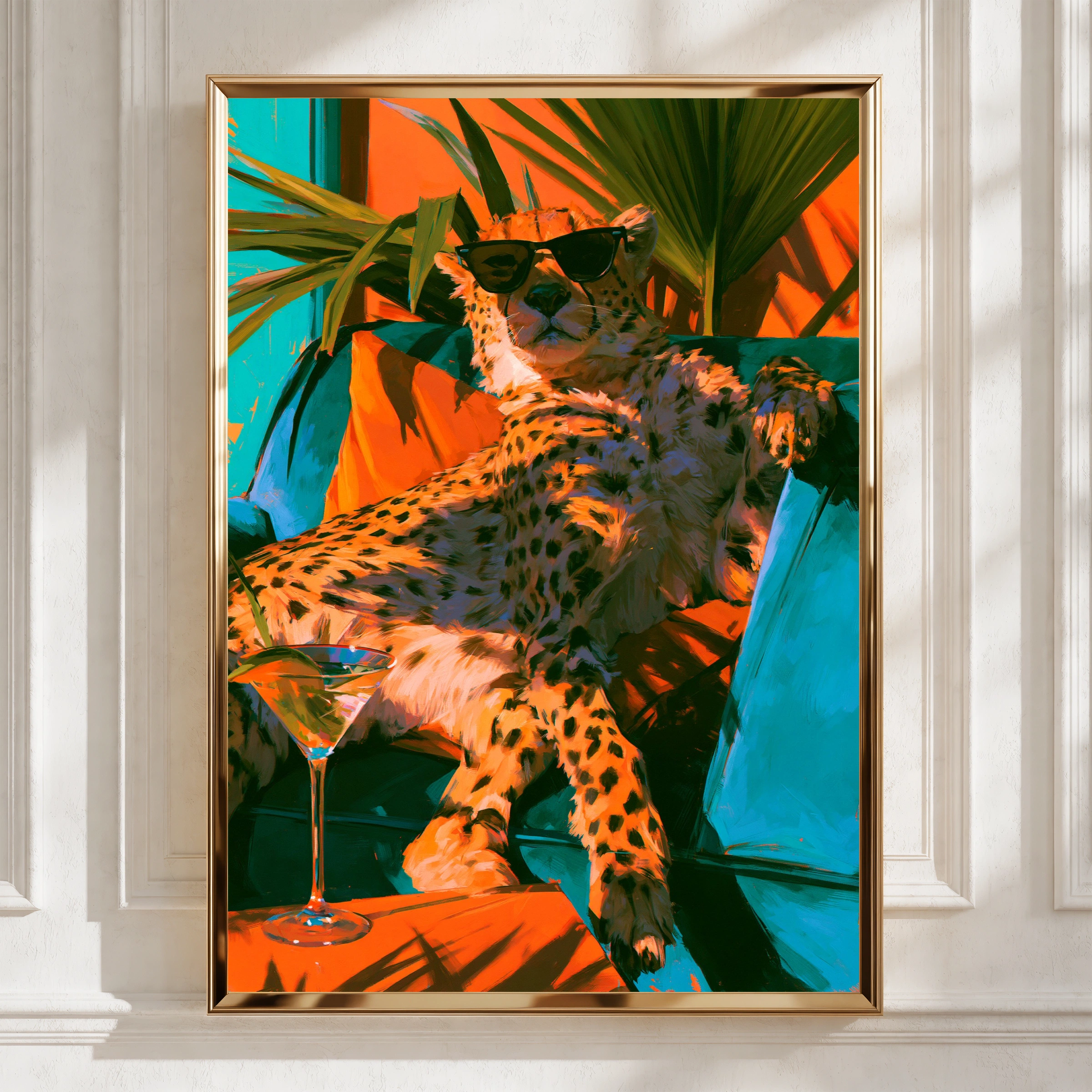 Relaxing Cheetah Sunglasses Martini Poster, Tropical Bold Colour Art Print