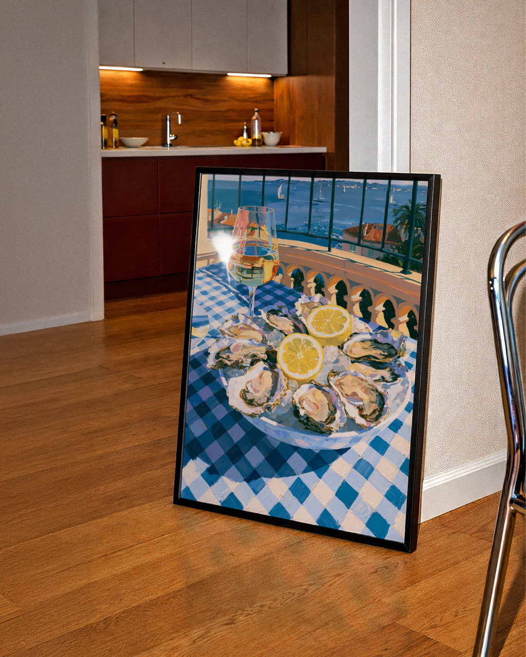 Oysters & White Wine Sea View Poster, French Riviera Kitchen Art Print