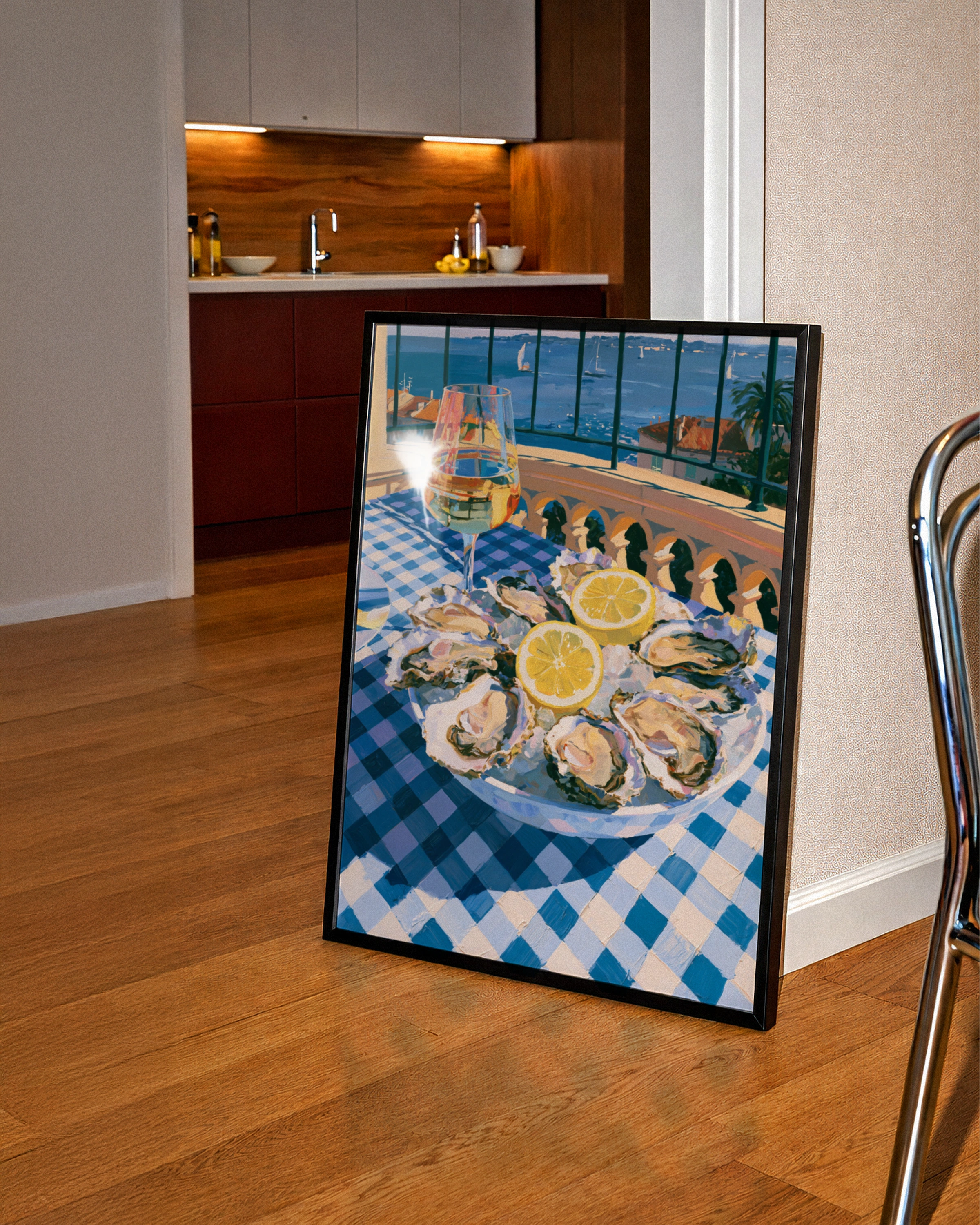 Oysters & White Wine Sea View Poster, French Riviera Kitchen Art Print