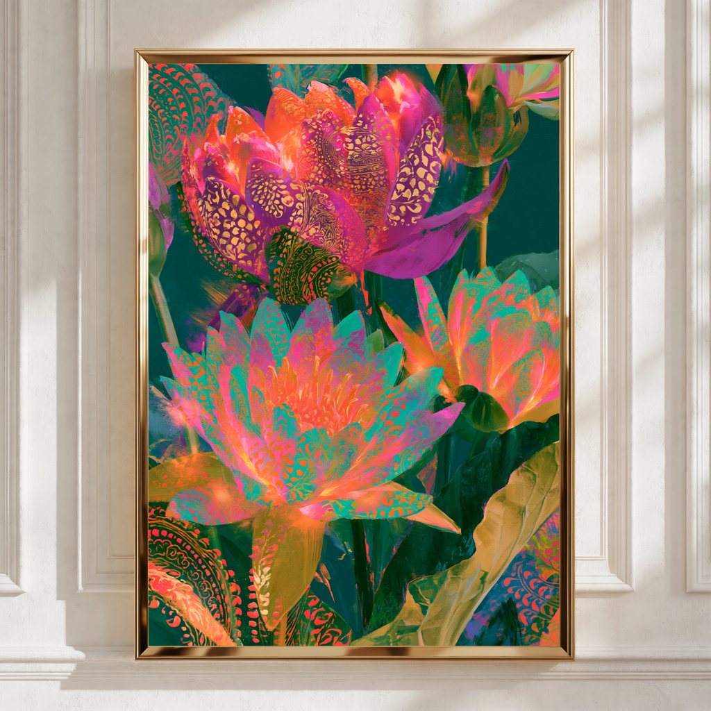 Abstract Glowing Lotus Flowers Poster, Vibrant Botanical Wall Art Print