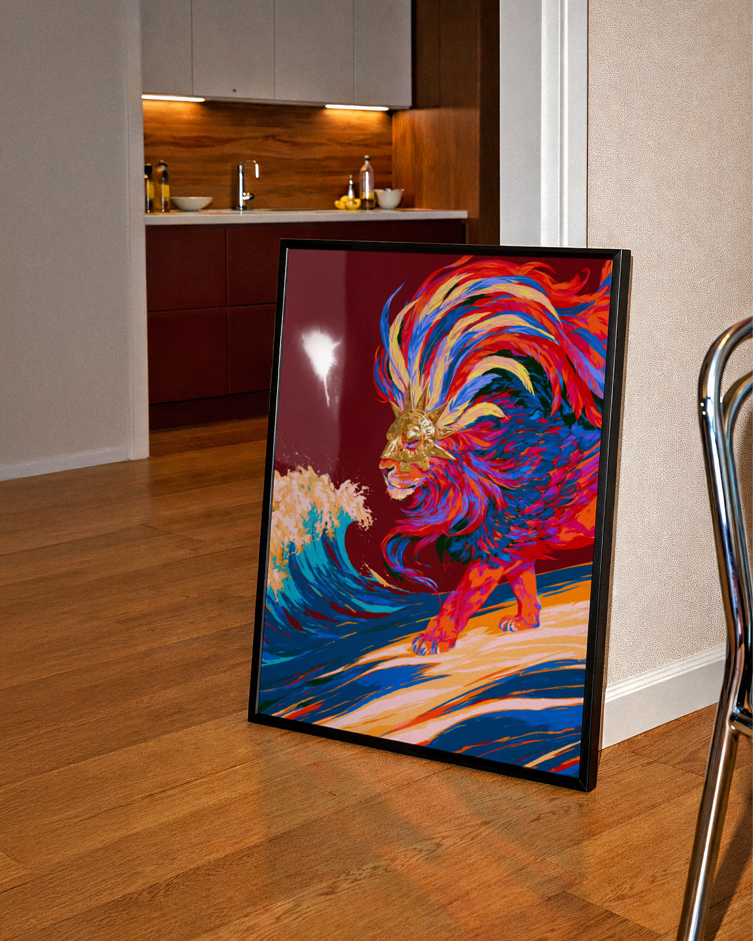 Divine Lion God Poster, Mythical Beast Wave Art, Bold Colourful Print