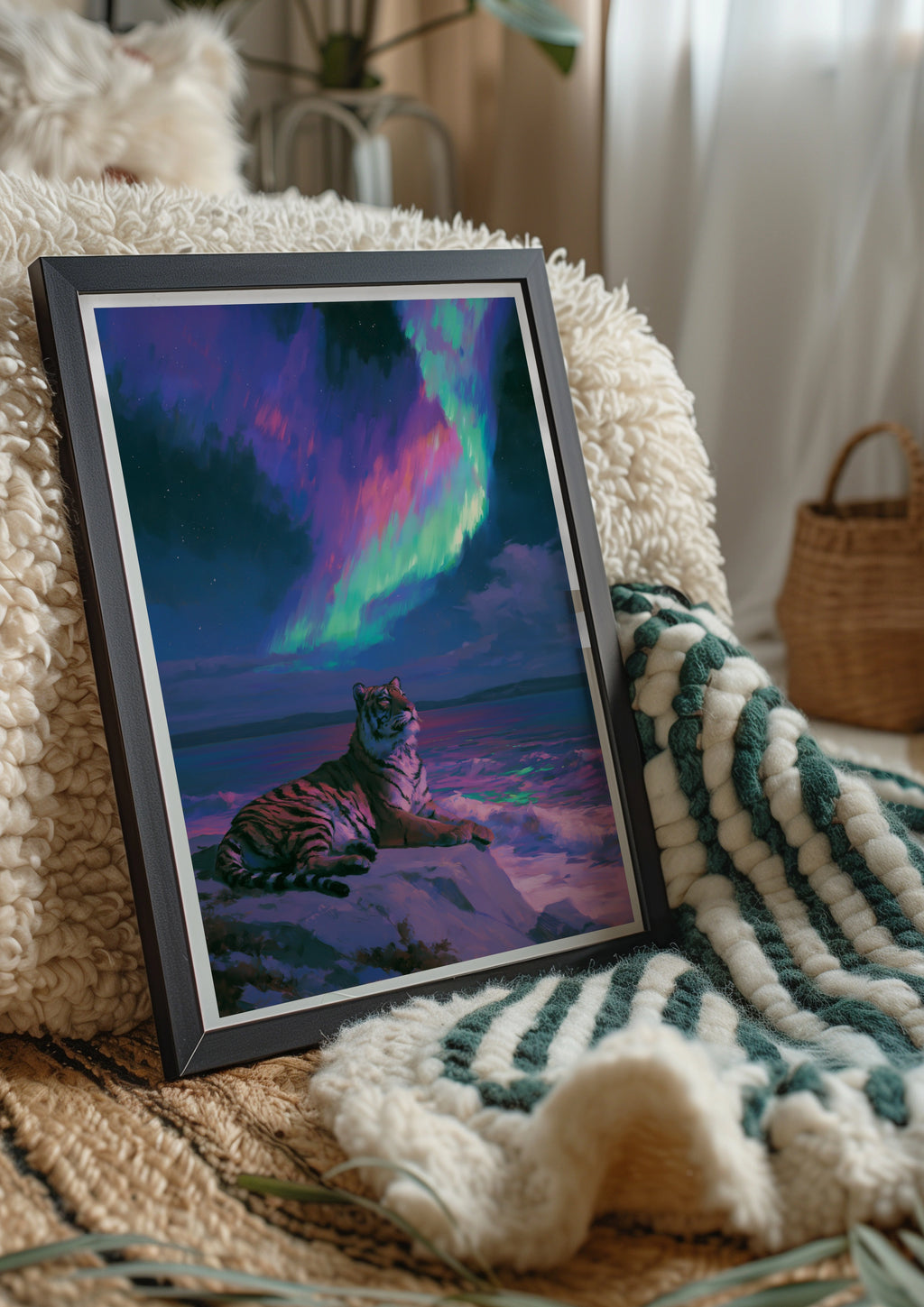 Tiger Aurora Borealis Poster, Northern Lights Wildlife Art Print, Vivid Night Sky