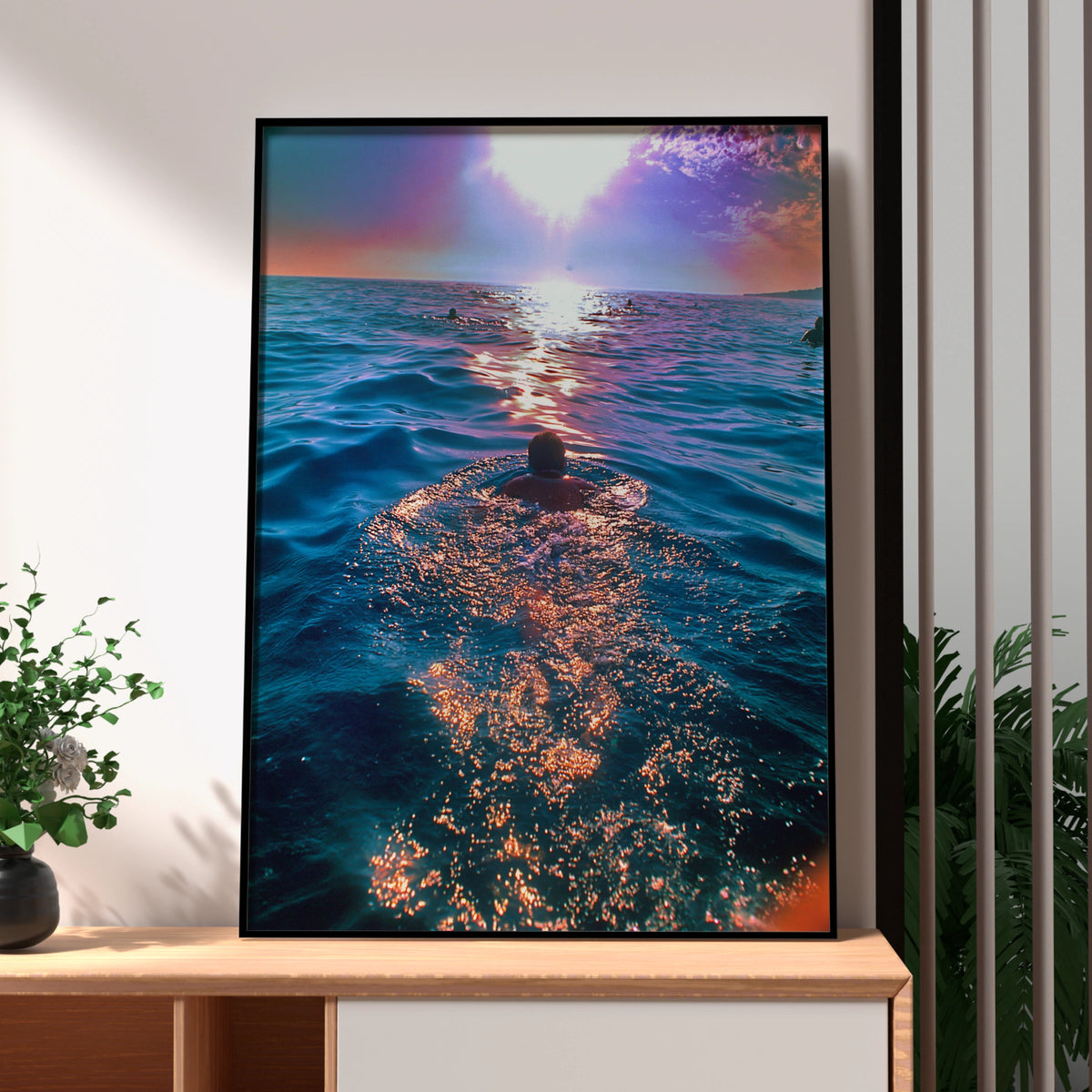 Swimming Man at Sunset Ocean Poster, Sea Swimming Wall Art, Vibrant Blue