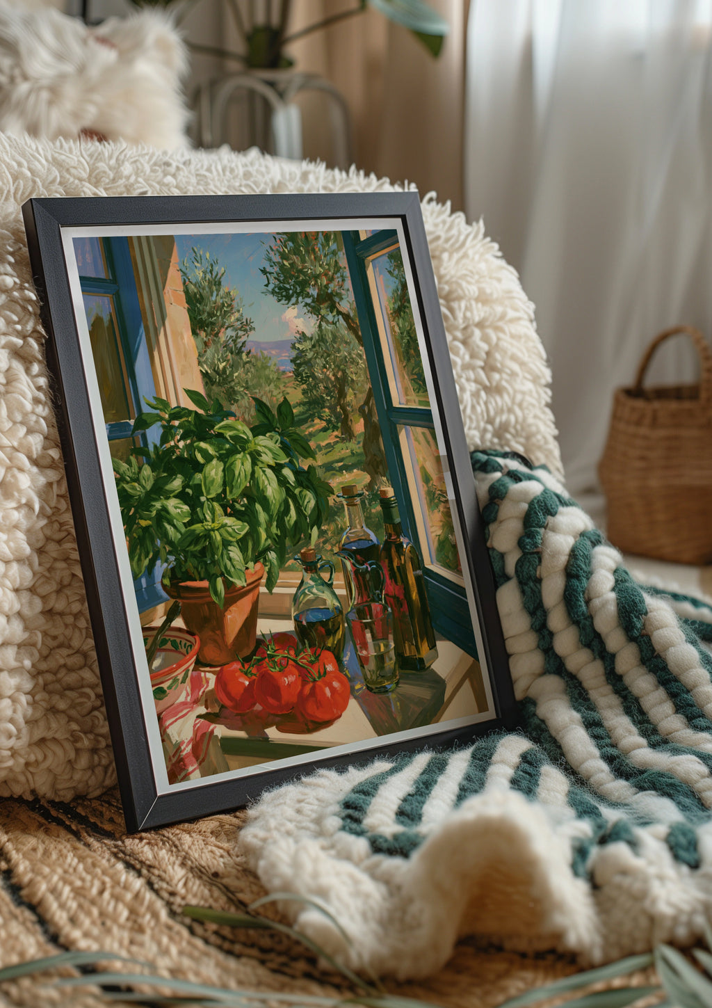 Italian Kitchen Window Poster, Tuscan Still Life, Olive Oil Basil Art Print