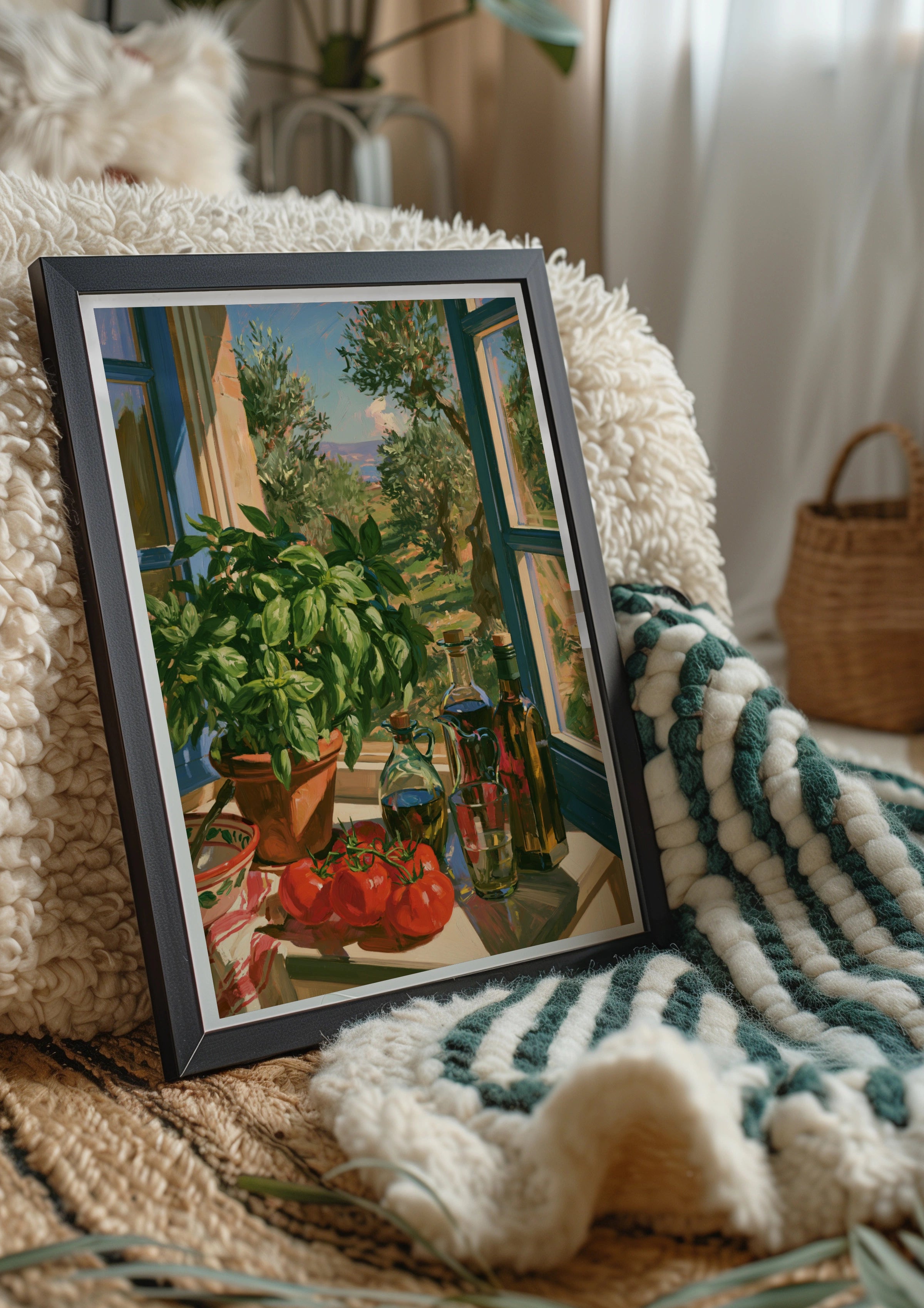 Italian Kitchen Window Poster, Tuscan Still Life, Olive Oil Basil Art Print