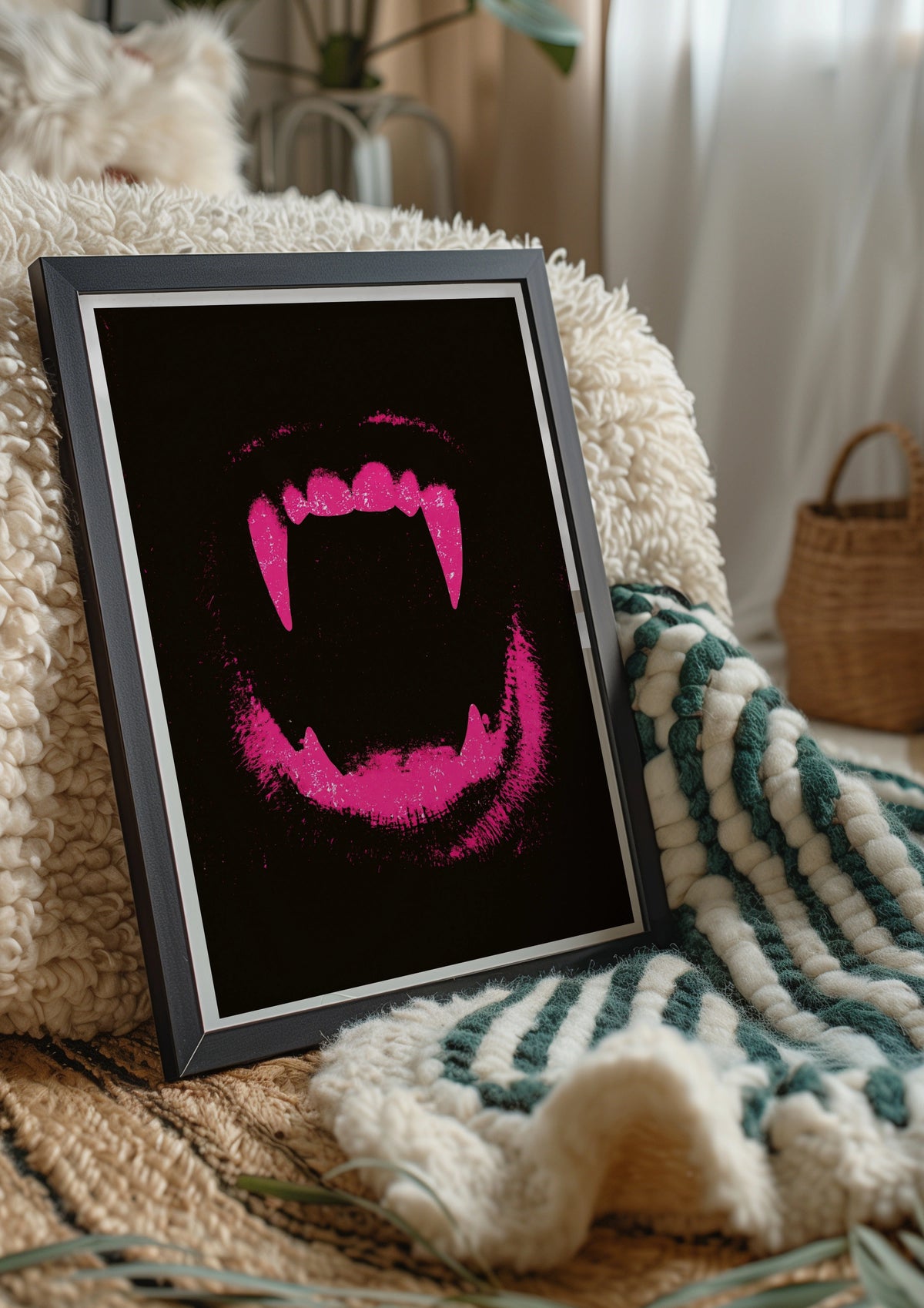 Dog Fangs Pink Wall Art Poster, Bold Dark Grunge Animal Print