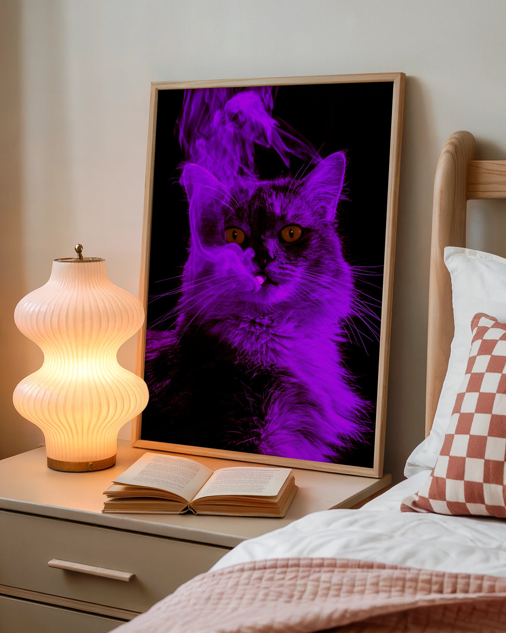 Purple Smoking Cat Poster, Neon Feline Wall Art, Dark Moody Print
