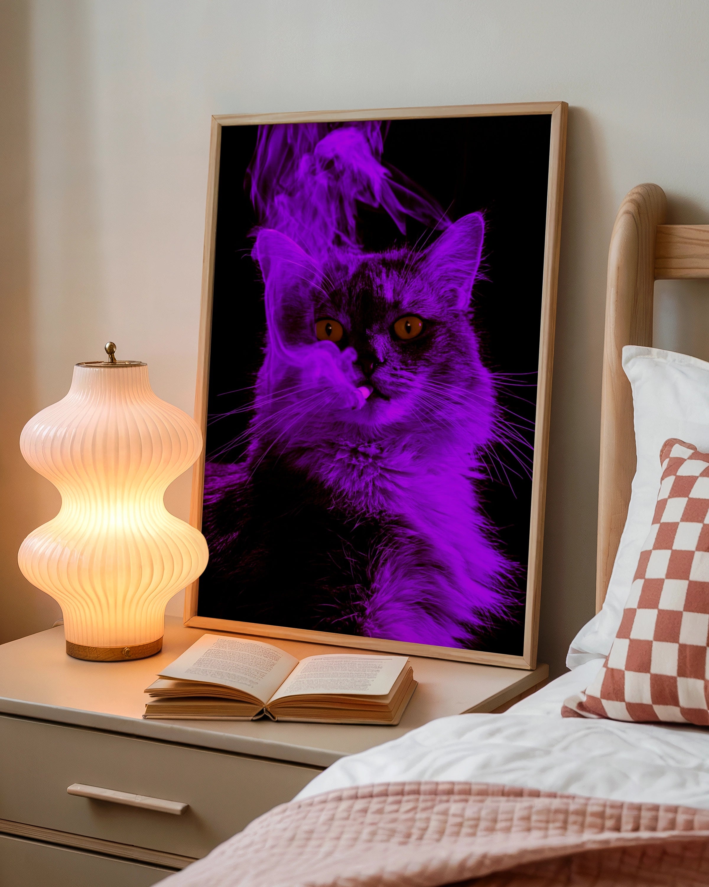 Purple Smoking Cat Poster, Neon Feline Wall Art, Dark Moody Print