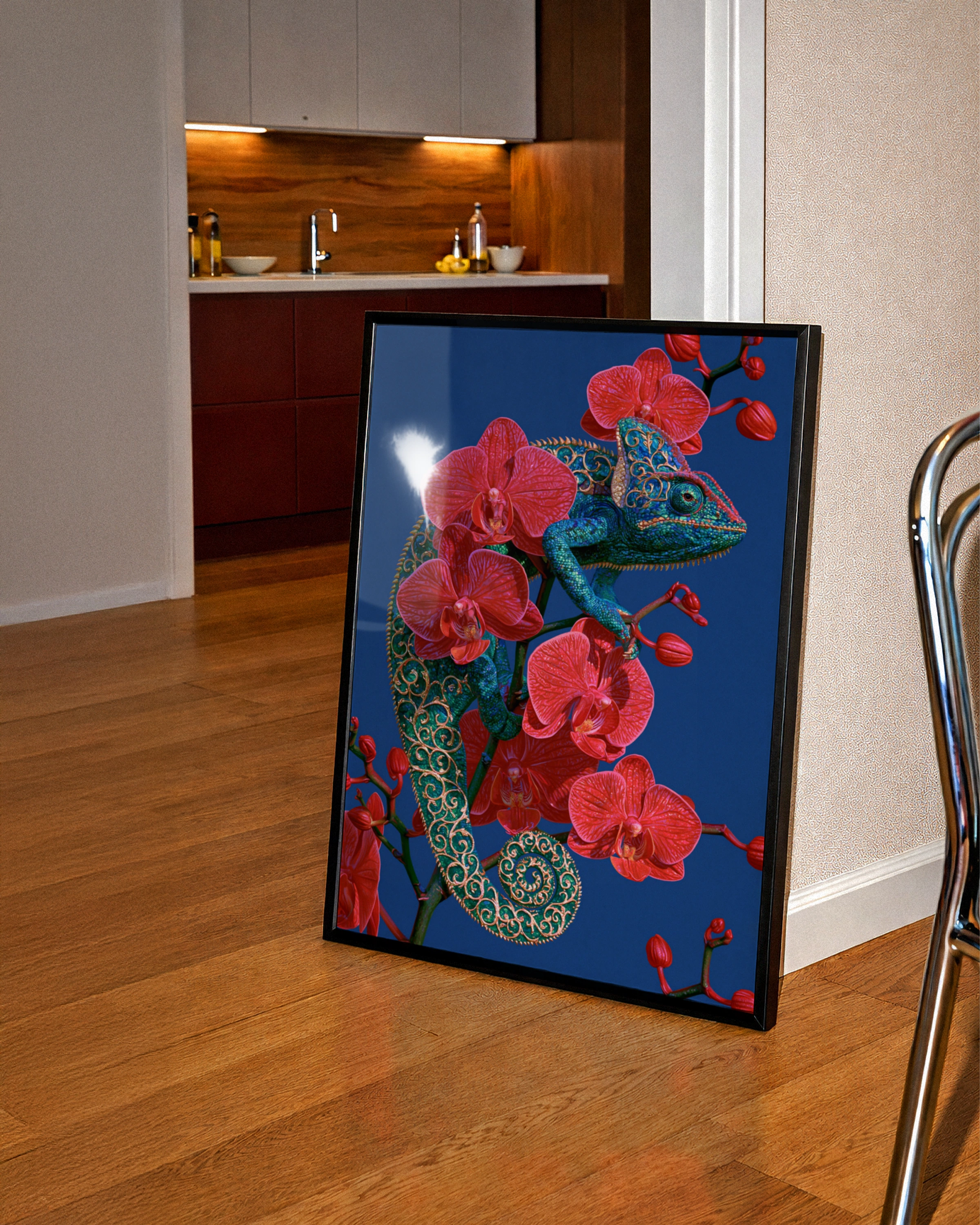 Chameleon Orchid Wall Art Poster, Red Floral Reptile, Botanical Animal Print