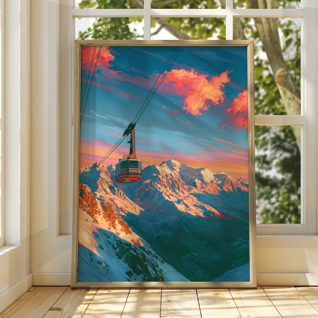 Cable Car Mountain Sunset Poster, Pink Clouds Alpine Art Print, Ski Resort Wall Art