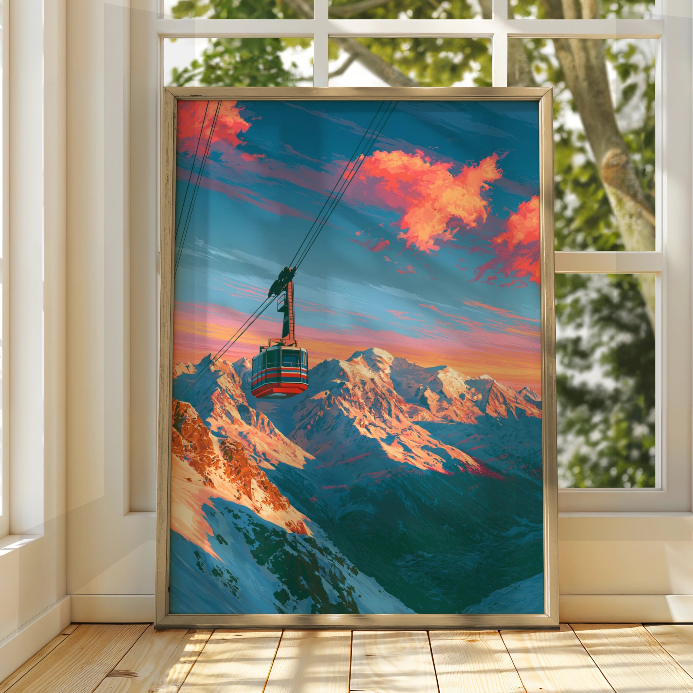Cable Car Mountain Sunset Poster, Pink Clouds Alpine Art Print, Ski Resort Wall Art