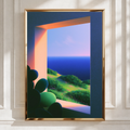 Cactus Window Ocean View Poster, Botanical Coastal Wall Art, Minimalist Print