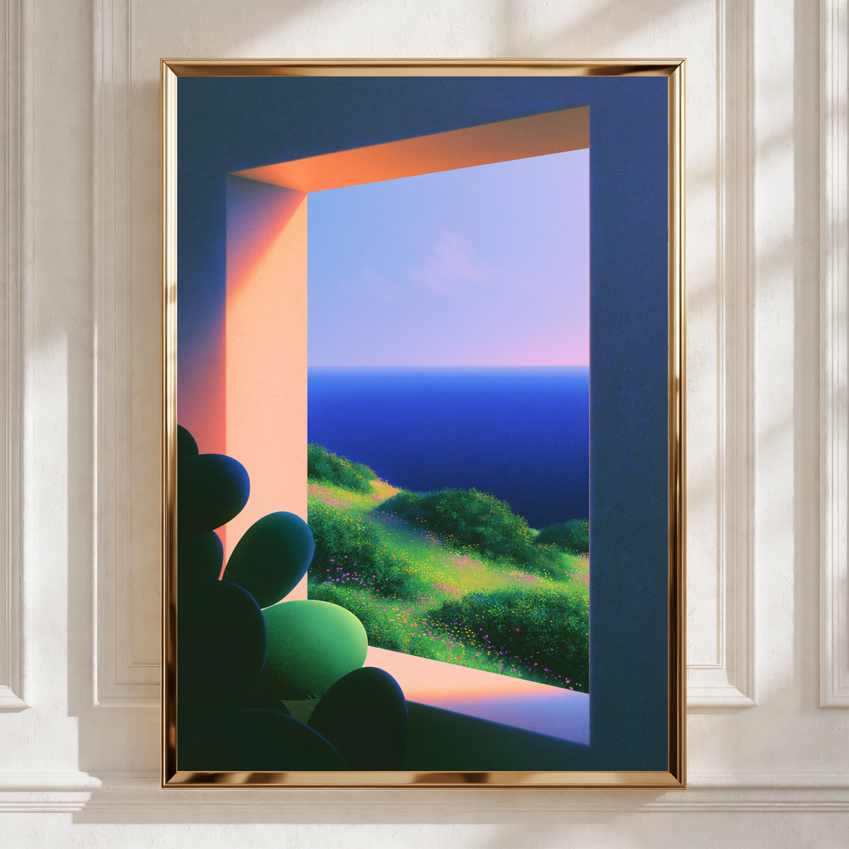 Cactus Window Ocean View Poster, Botanical Coastal Wall Art, Minimalist Print