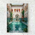 Moroccan Riad Courtyard Poster, Turquoise Pool Fountain, Ethnic Architecture Print
