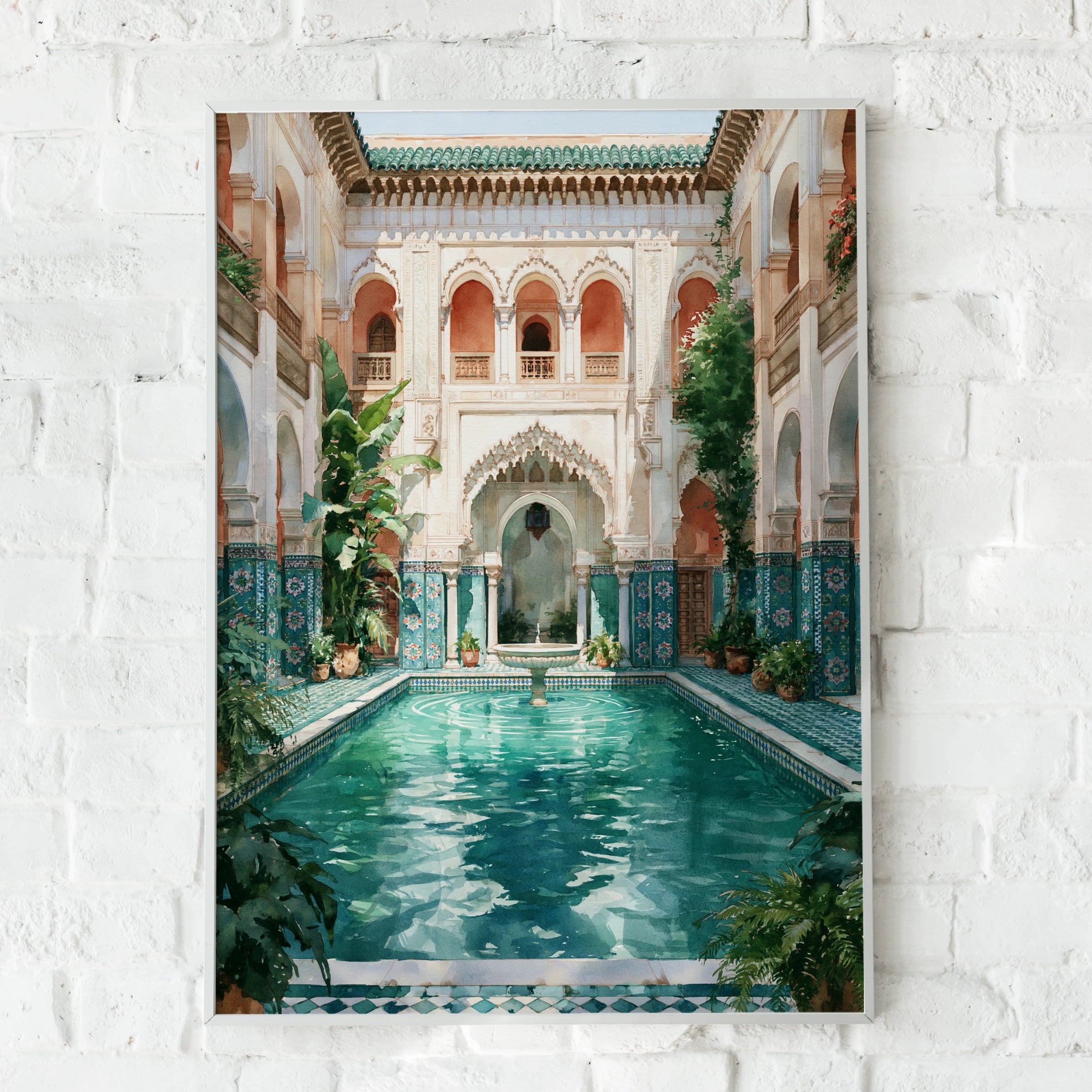 Moroccan Riad Courtyard Poster, Turquoise Pool Fountain, Ethnic Architecture Print