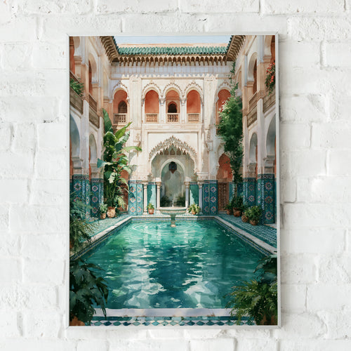 Moroccan Riad Courtyard Poster, Turquoise Pool Fountain, Ethnic Architecture Print