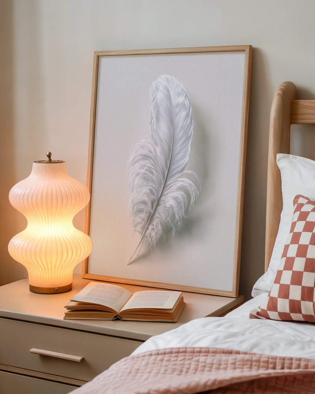 White Feather Wall Art Poster, Minimalist Nature Print, Soft Grey