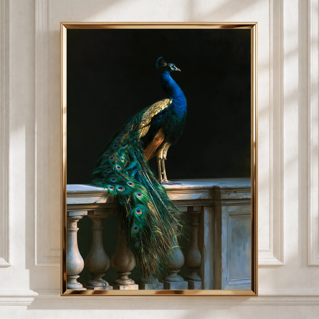 Peacock Antique Painting Poster, Teal Gold Bird Wall Art, Dark Classical Style