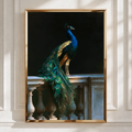 Peacock Antique Painting Poster, Teal Gold Bird Wall Art, Dark Classical Style