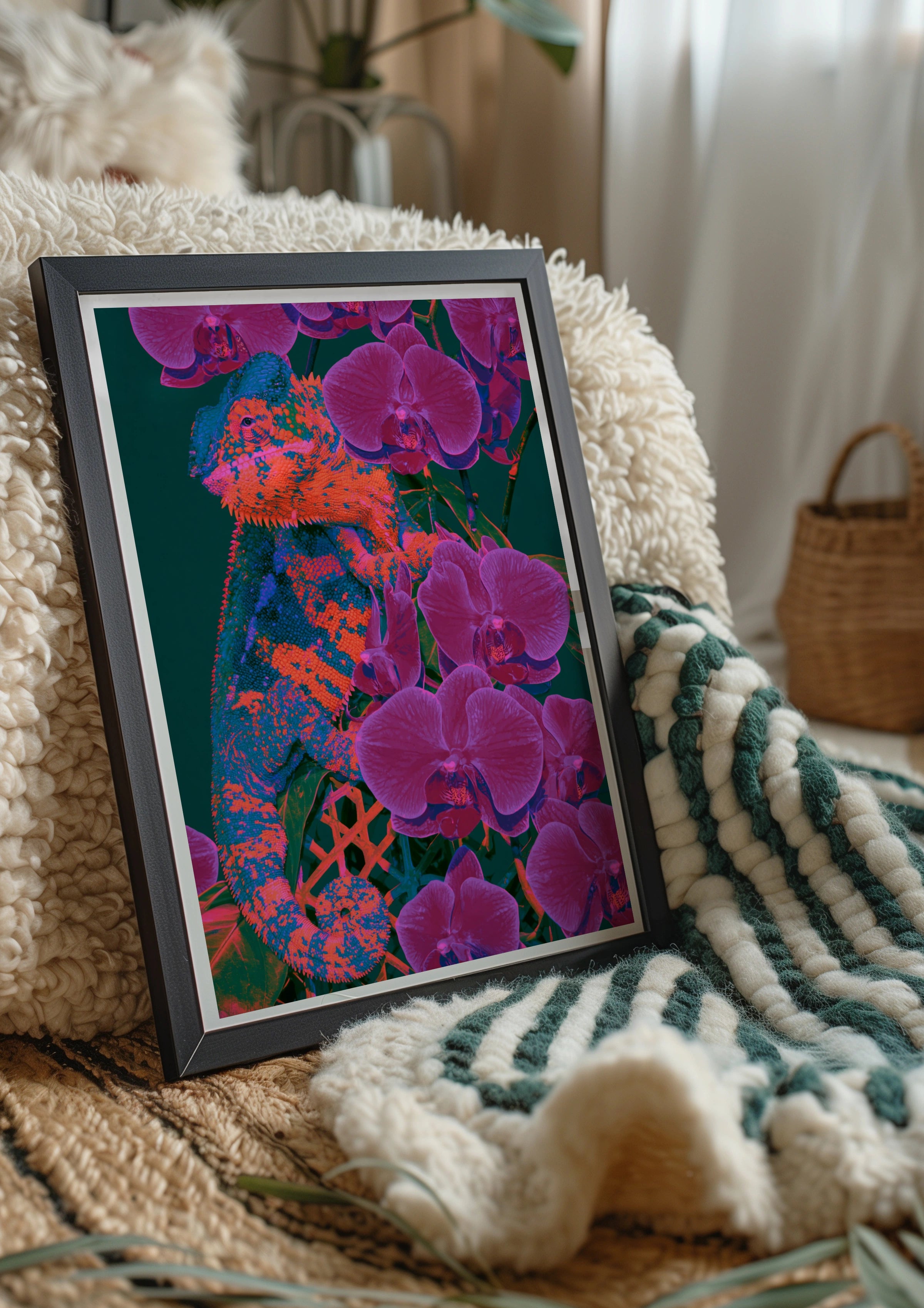 Chameleon Orchid Poster, Bold Orange Purple Tropical Wall Art, Neon Wildlife Print