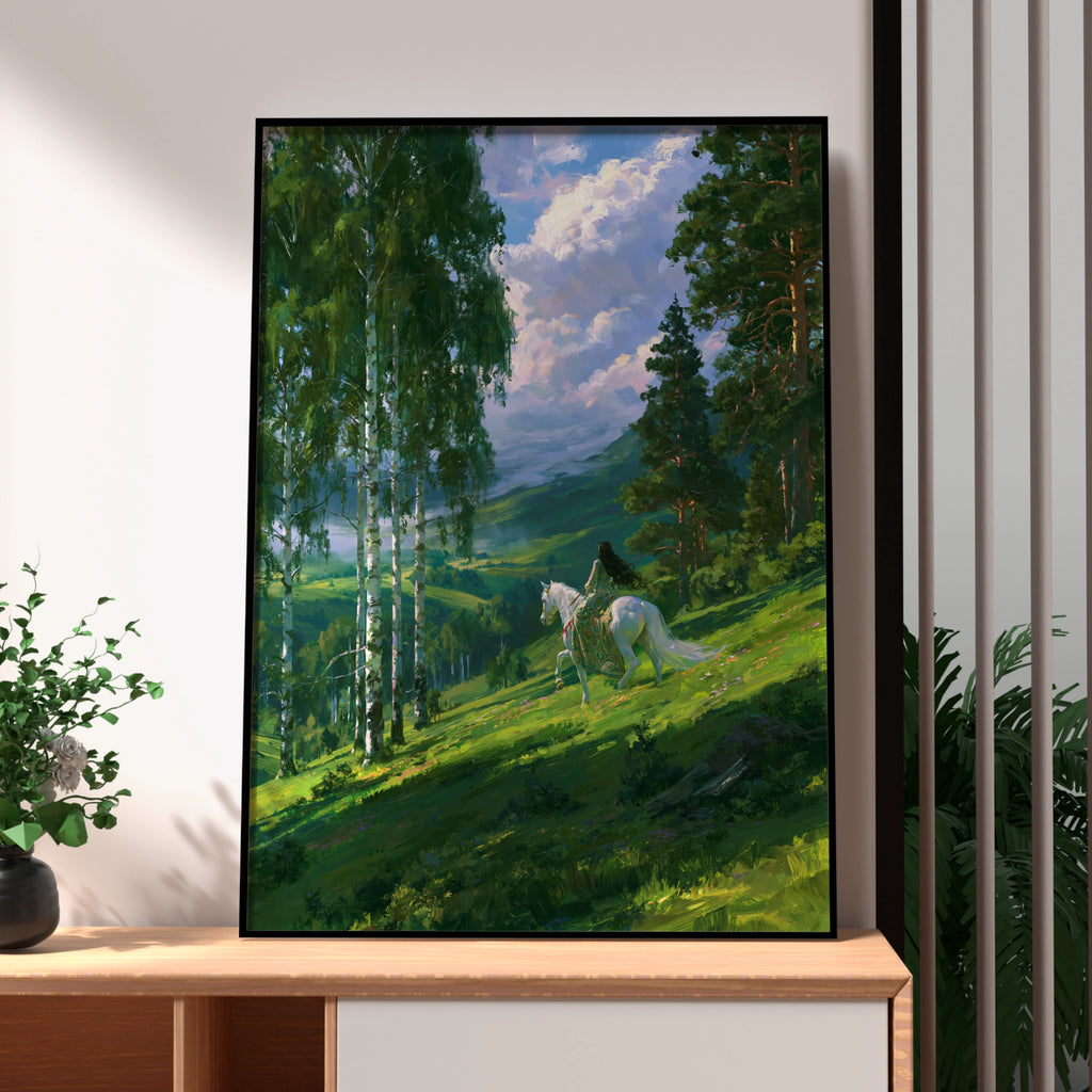 Pre-Raphaelite Woman Horse Riding, Forest Valley Poster, Romantic Art Print