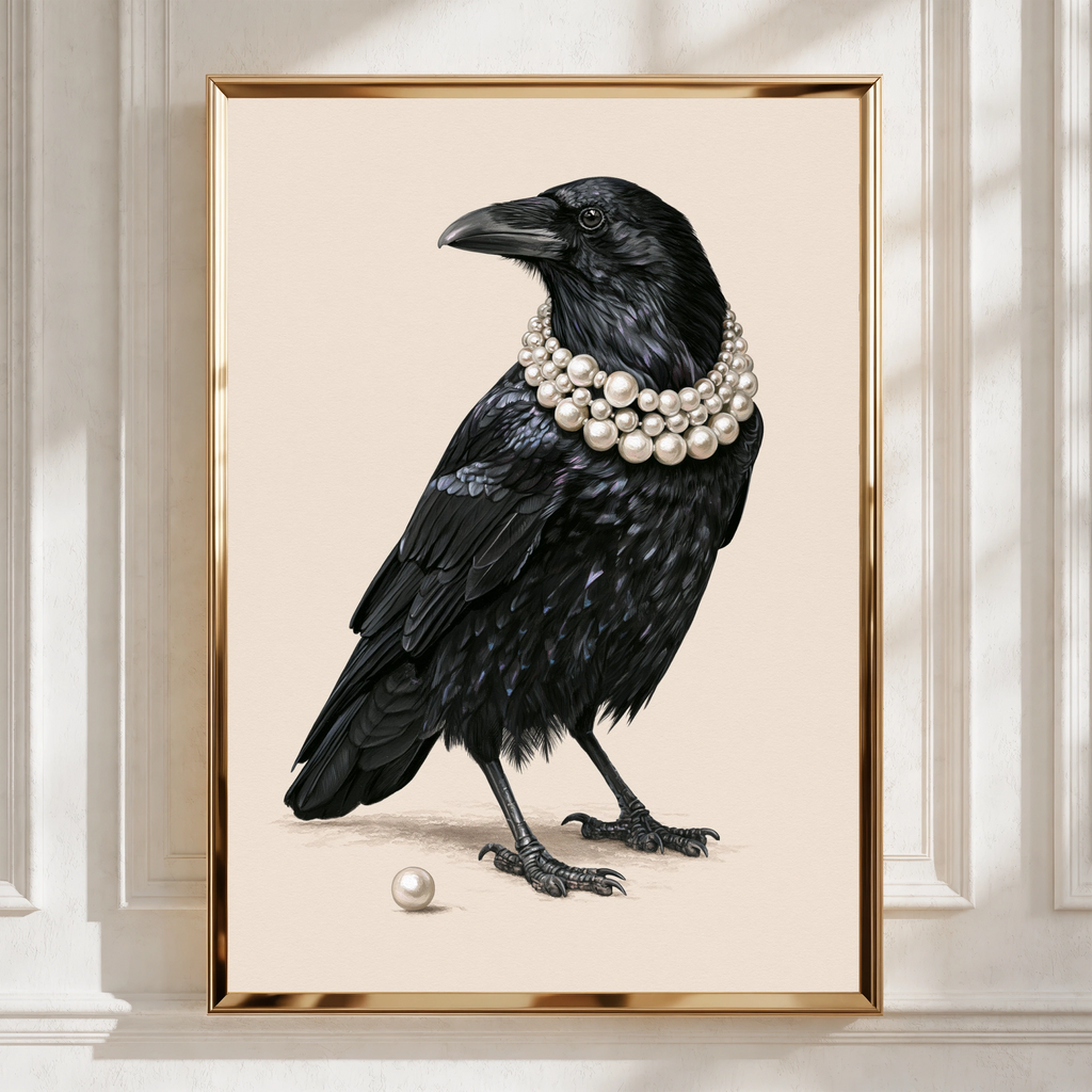 Raven with Pearl Necklace Poster, Black Crow Art Print, Whimsical Bird Wall Art
