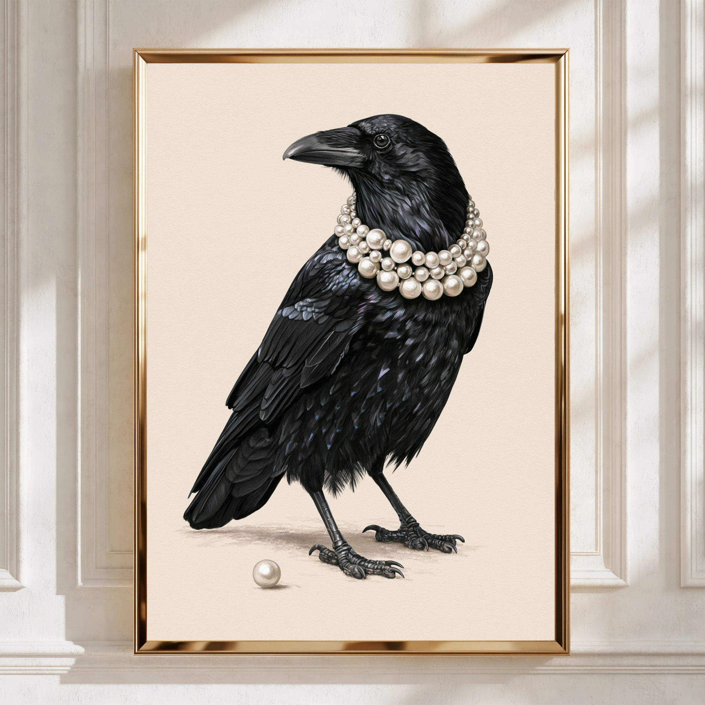 Raven with Pearl Necklace Poster, Black Crow Art Print, Whimsical Bird Wall Art