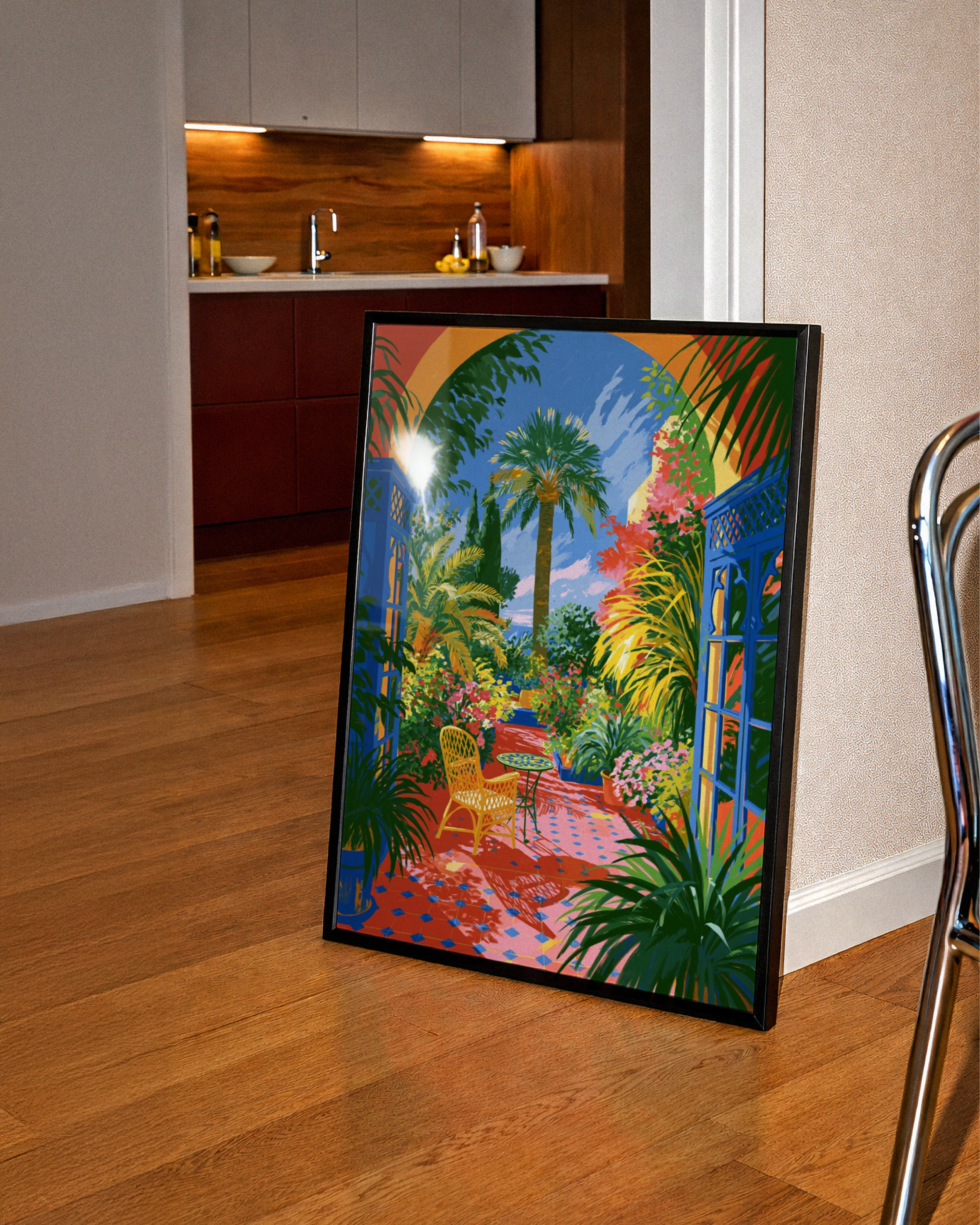 Courtyard Flowers Palms Poster, Moroccan Garden Wall Art, Colourful Botanical Print