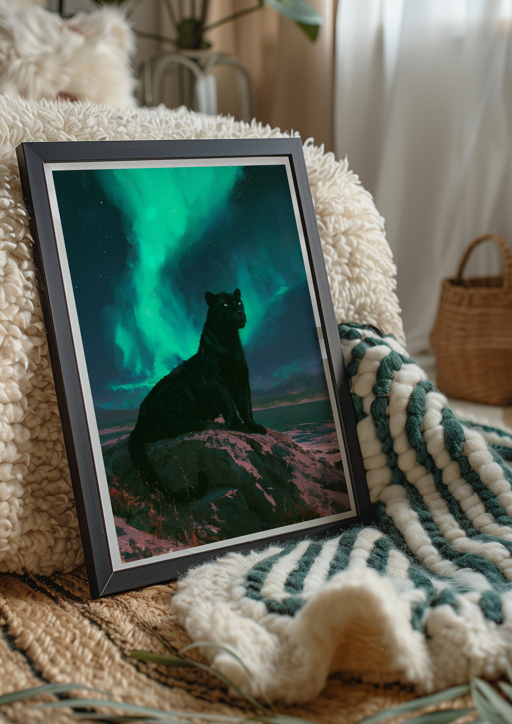 Black Panther Aurora Borealis Poster, Northern Lights Wildlife Art Print