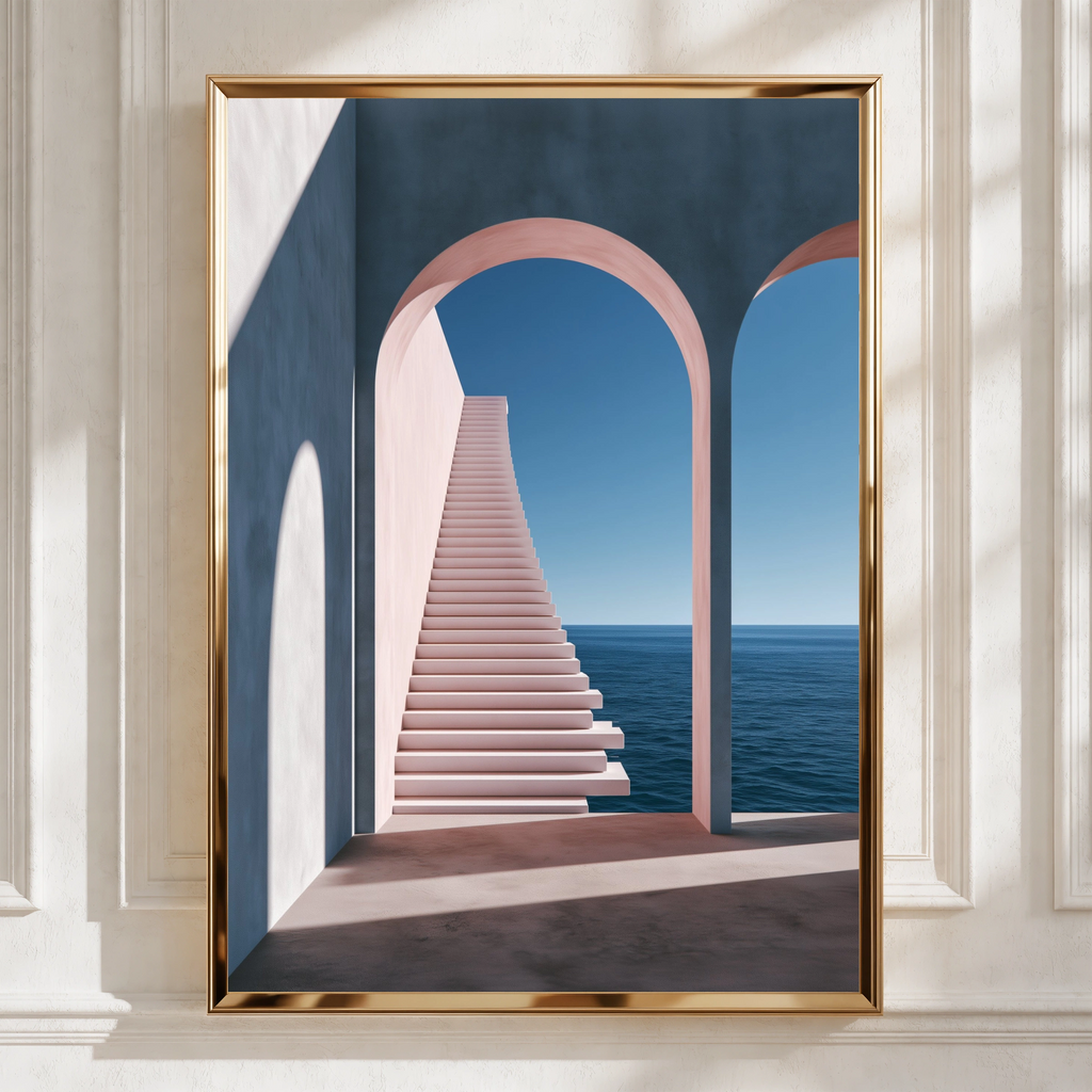 Arches Staircase Ocean View Poster, Minimalist Architecture Print, Pink Blue Wall Art
