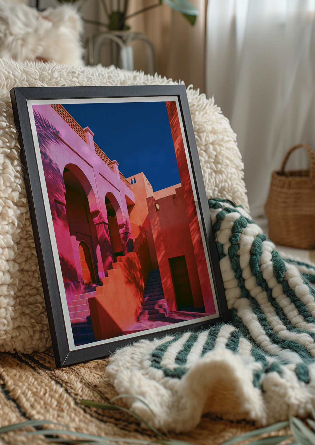 Moroccan Patio Architecture Poster, Pink Terracotta Arches, Bold Colour Print