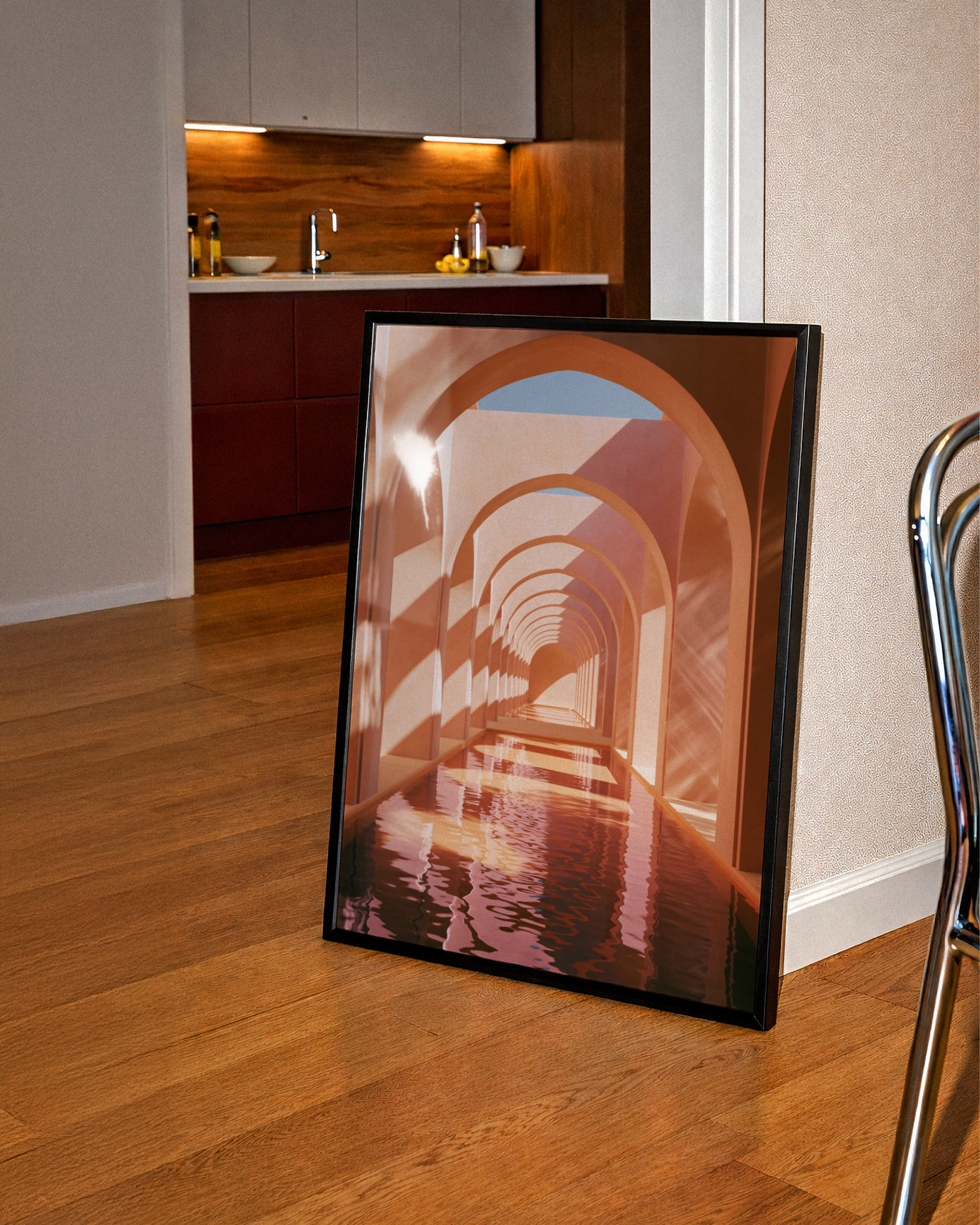 Terracotta Arch Corridor Poster, Moroccan Architecture Wall Art, Modern Print