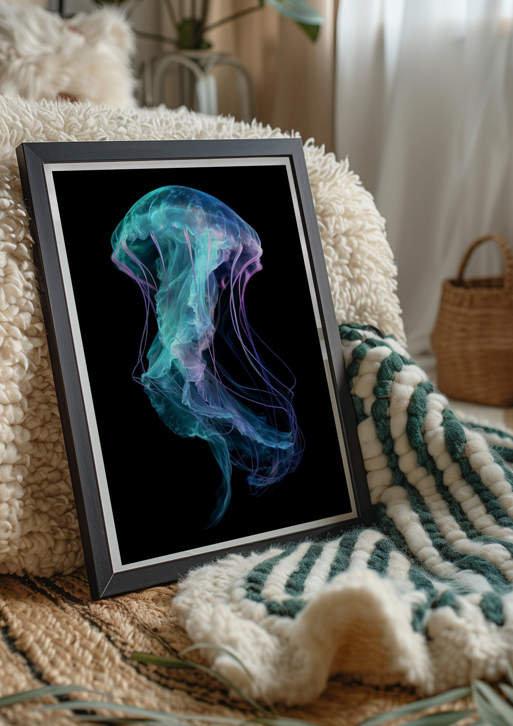 Jellyfish Wall Art Poster, Teal Purple Neon Ocean Print, Dark Minimalist Style
