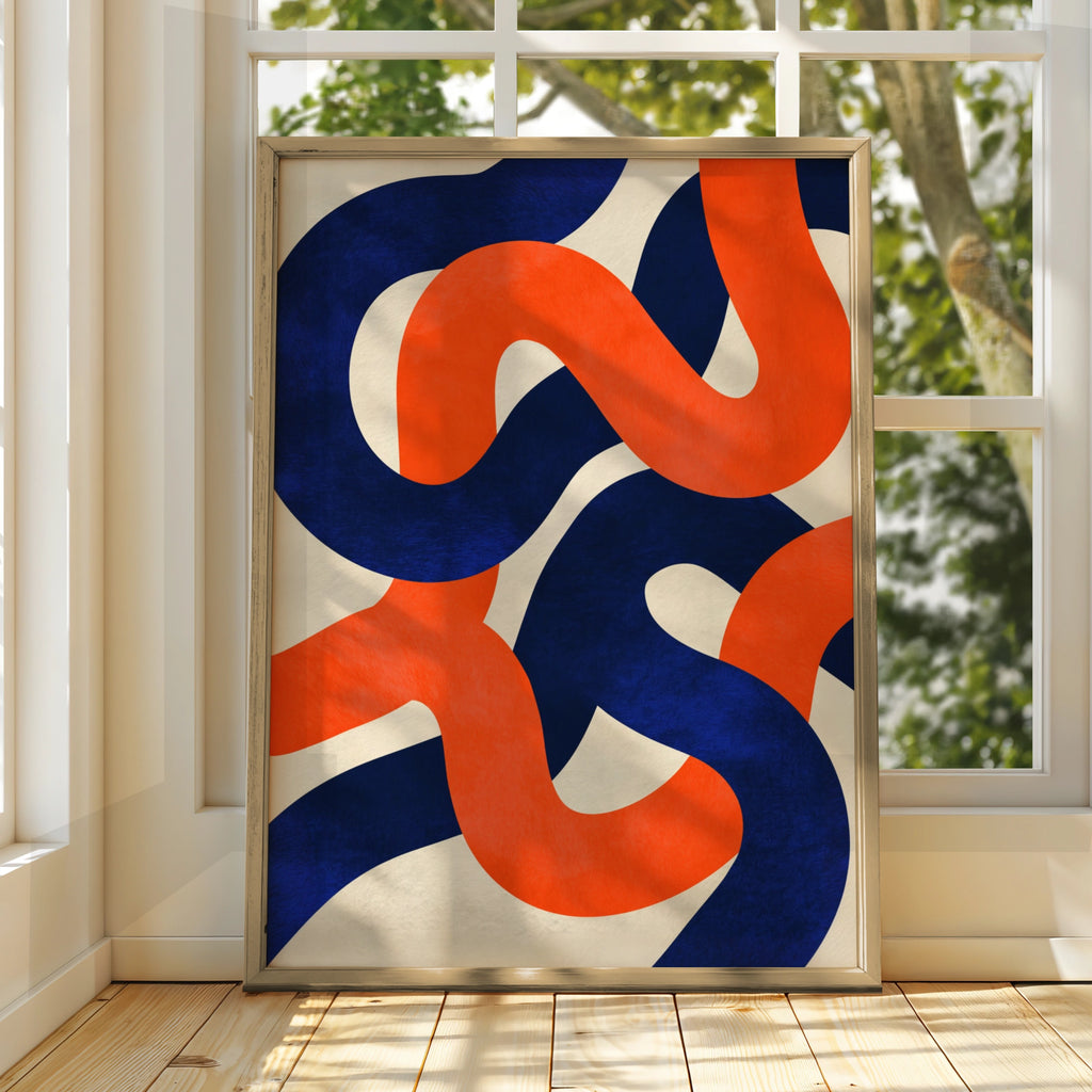 Abstract Swirl Pattern Poster, Red Blue White Bold Curves, Modern Wall Art