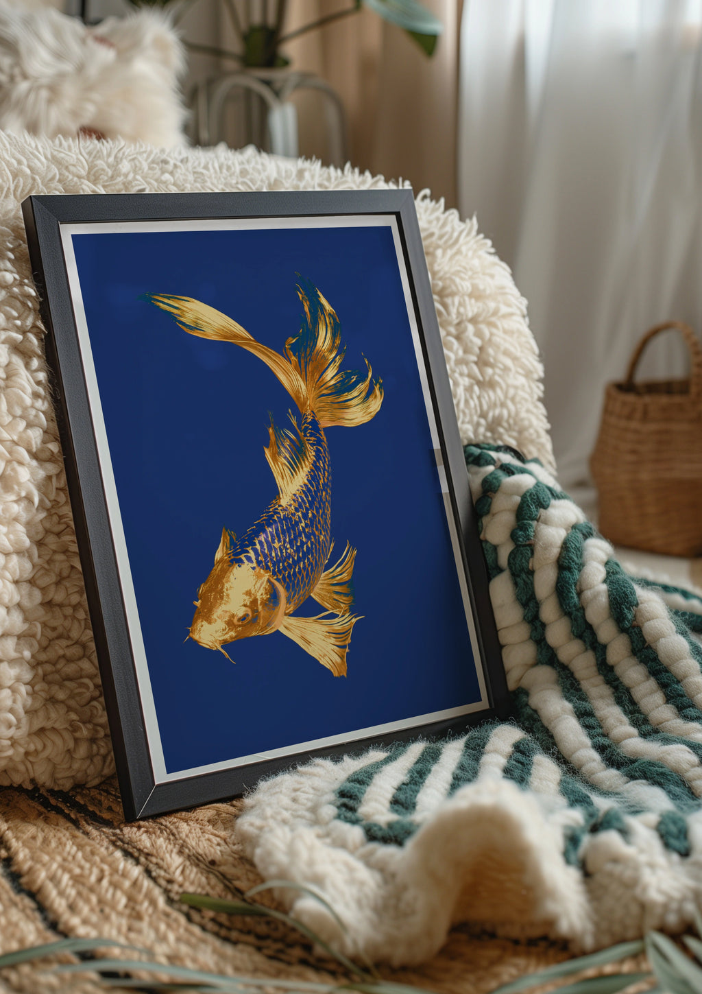 Gold Koi Fish Poster, Navy Blue Wall Art, Japanese Carp Print, Bold Colour