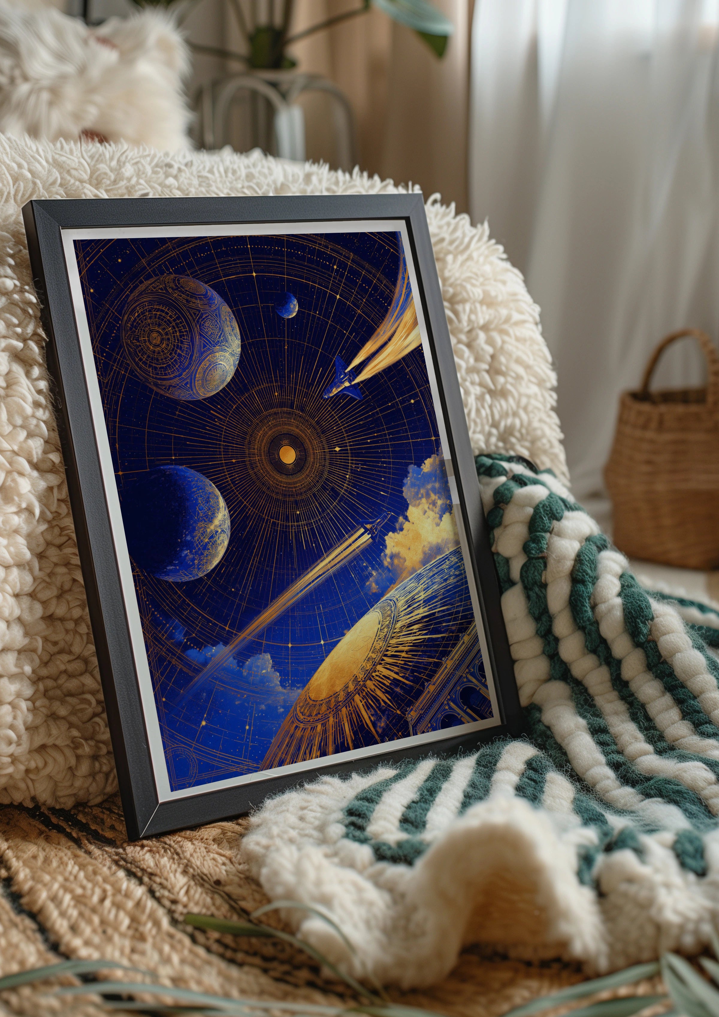 Celestial Space Sky Poster, Blue Gold Galaxy Print, Cosmic Art