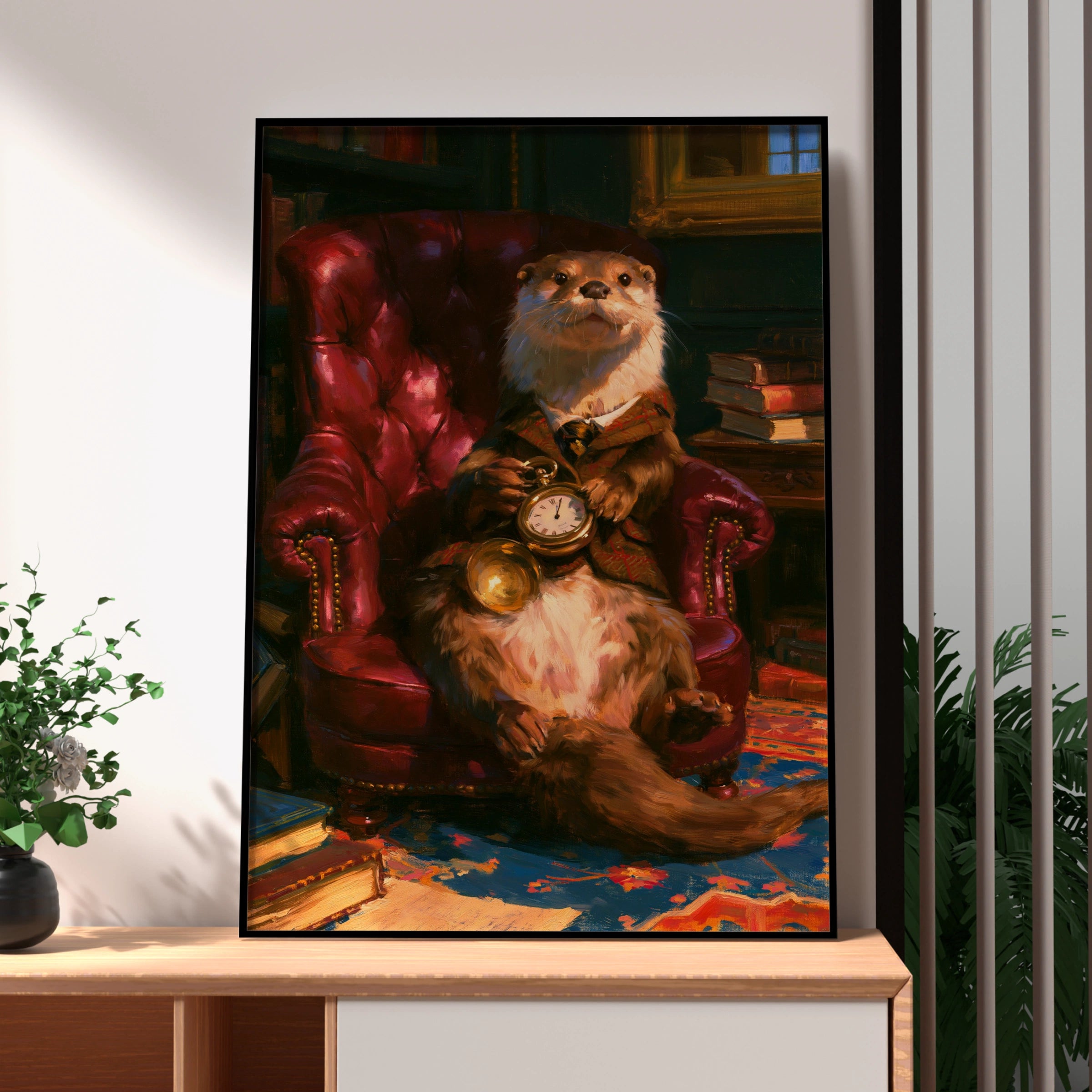 Dapper Otter Portrait Poster, Pocket Watch Library Armchair, Oil Painting Style