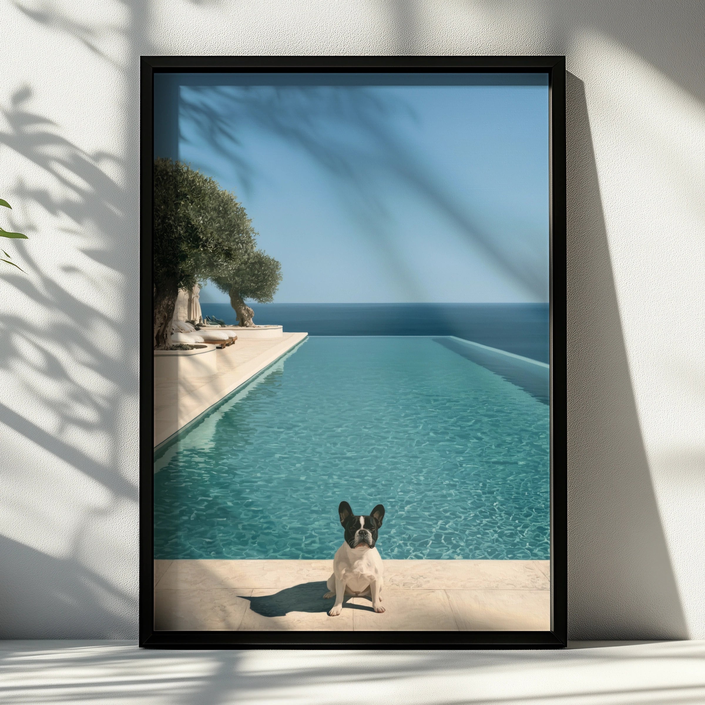 French Bulldog Infinity Pool Poster, Mediterranean Olive Tree, Luxury Wall Art